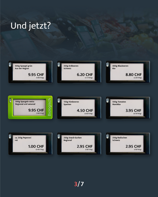 Ein Bild von elektronischen Labels darüber die Aufschrift Und jetzt?