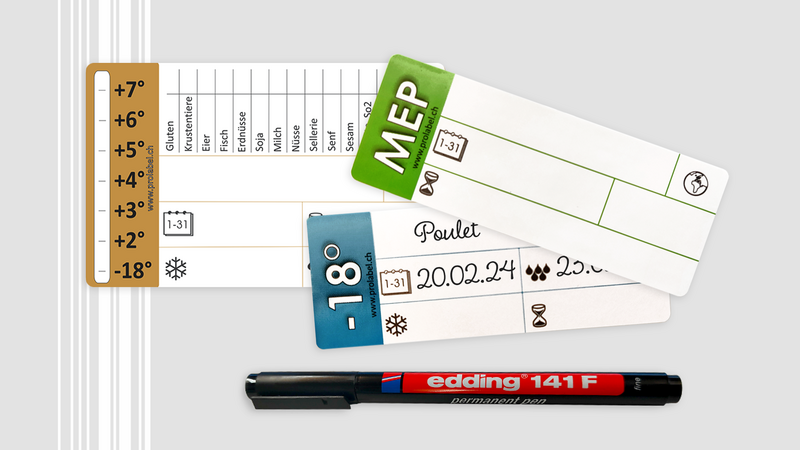 3 étiquettes gastro différentes avec un stylo Edding adapté pour l'écriture